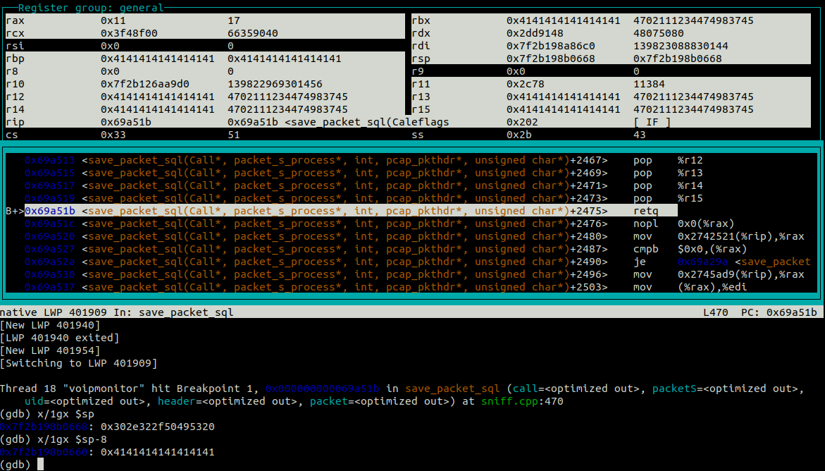 Stack pointer value shown in gdb