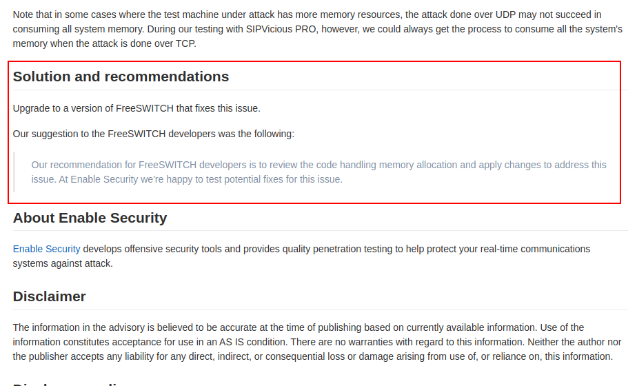 Solution and recommendations section of the advisory