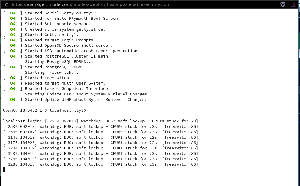 FusionPBX console showing a system that became inaccessible