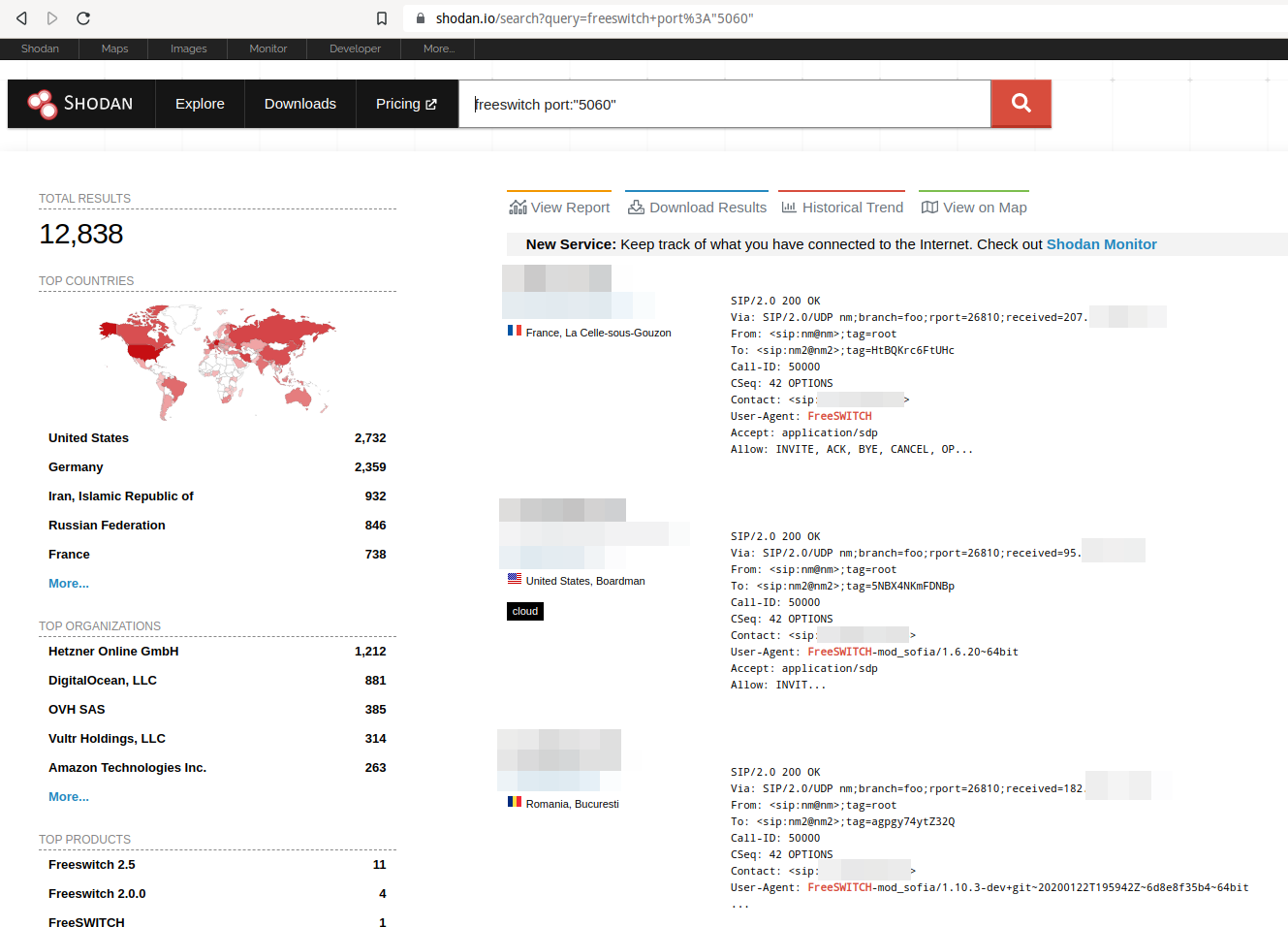 Shodan allows searching for FreeSWITCH systems on the Internet