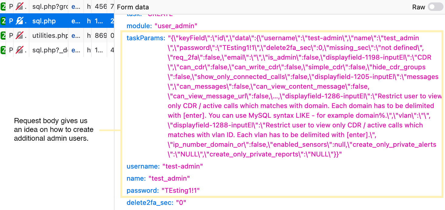 HTTP request used by VoIPmonitor GUI to create users shown in devtools