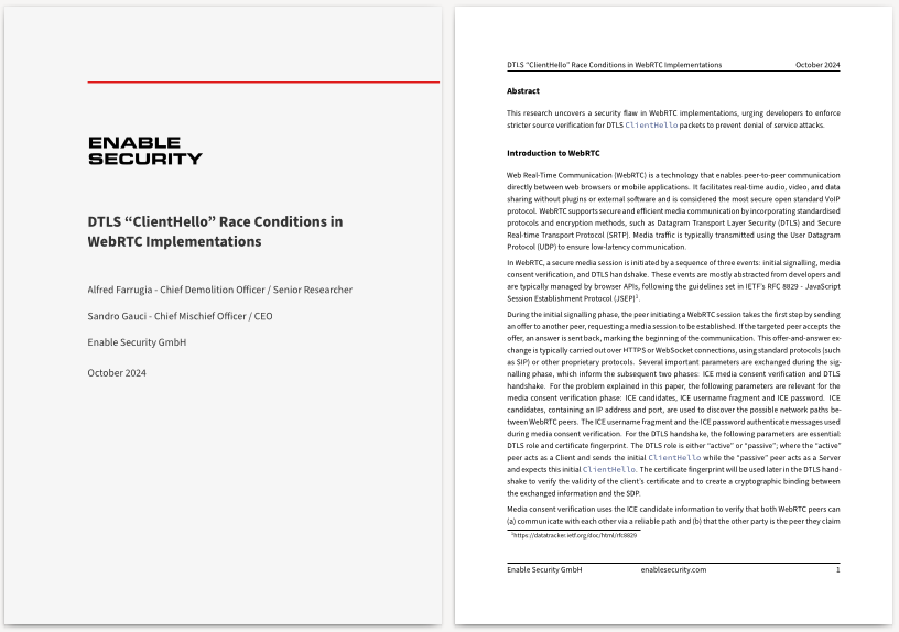 Screenshot of White Paper: DTLS \"ClientHello\" Race Conditions in WebRTC Implementations